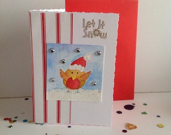 Festive Red Robin Christmas Card, Red Robin Christmas Card, Cute Bird Christmas Card, festive greeting card, Handmade Christmas Card.