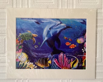 Dolphin and Turtle swimming  Print 14 x 11 inches mounted