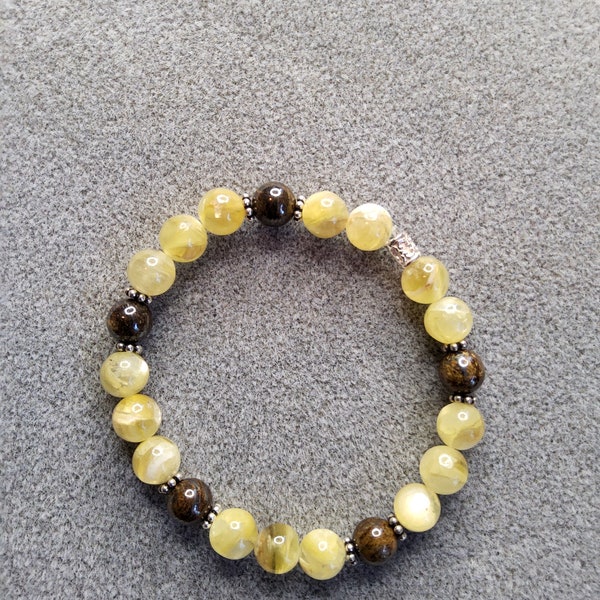 Rare natural golden yellow lepidolite mica and bronzite stretch bracelet