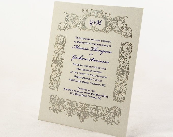 Silver and Purple Wedding Invitation. Monogrammed Wedding Card. Vintage Wedding Invite RETRO BELIEVE Suite. Sample