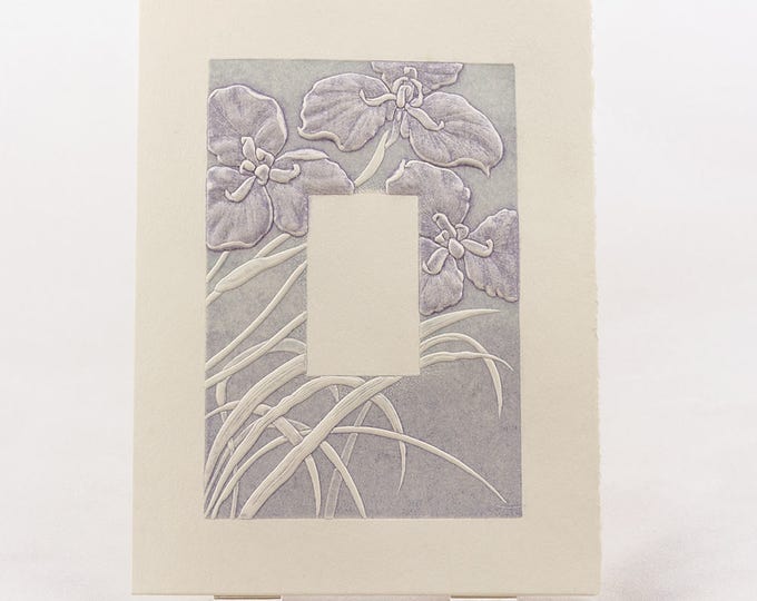 Purple Irises Card Letterpress. Embossed Flower card. Set of 6 cards or Single card.Blank inside.