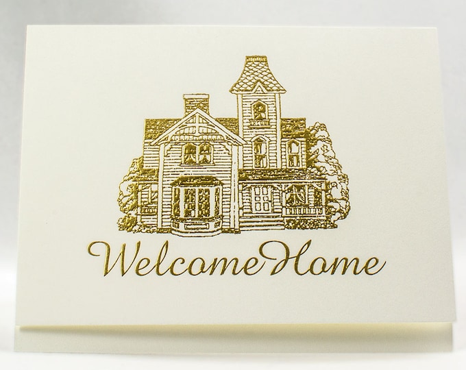 Gold Welcome Home Card Housewarming card. New Home Card. Victorian House card. Blank inside.