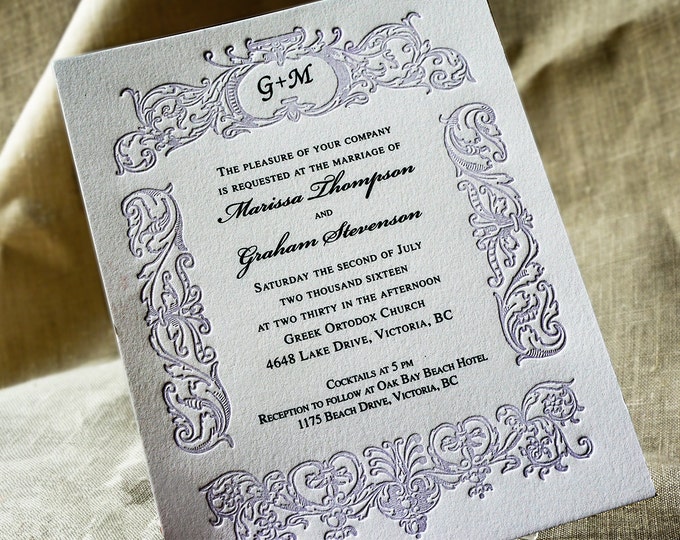 Plum Wedding Invitation Monogrammed Letterpress Wedding. Vintage Wedding Invite. RETRO BELIEVE SUITE.  Sample.