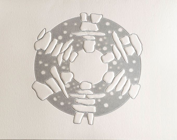 Silver Christmas Card. Wreath Holiday Card. Modern Christmas Card. Silver Inukshuk Dance card. Set of 6 or Single card. Blank inside.