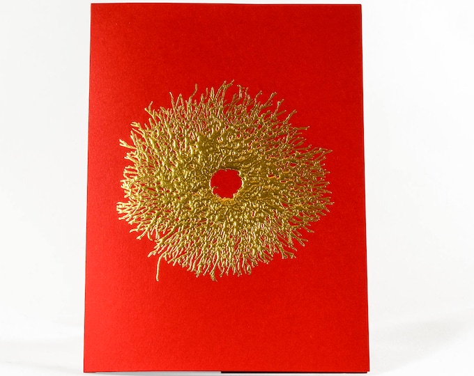 Gold Christmas Wreath Card. Wreath Holiday Card. Red Christmas Card. Single card or Set of 6 cards.Blank inside.