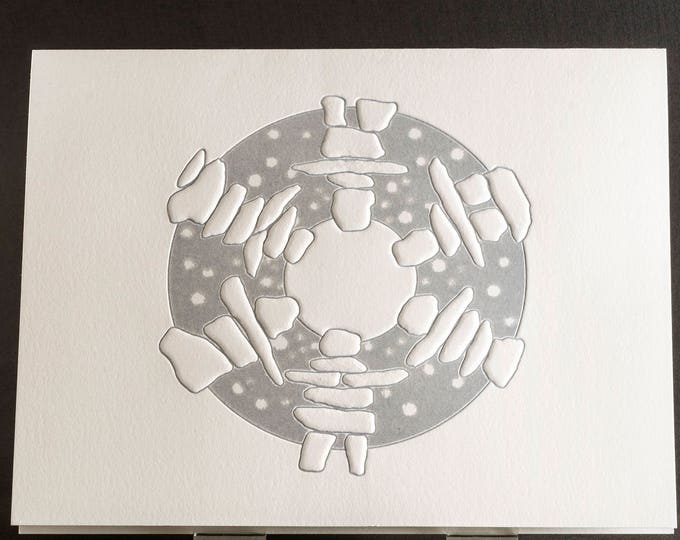 Silver Inukshuk Dance Card: Letterpress Wreath Holiday Greeting (Set of 6 or Single)