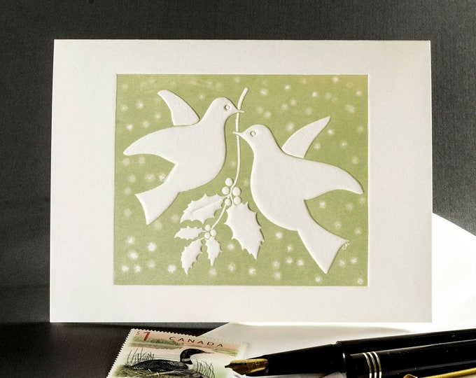 Christmas Doves Card. Embossed Christmas card. Set of 6 cards or Single card. Blank inside.