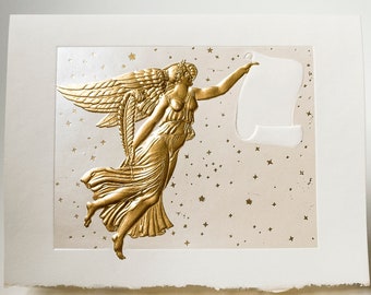 Gold Angel card Pearl Christmas Angel Embossed Holiday season card. Single card or Pack of 6 cards.  Blank inside.