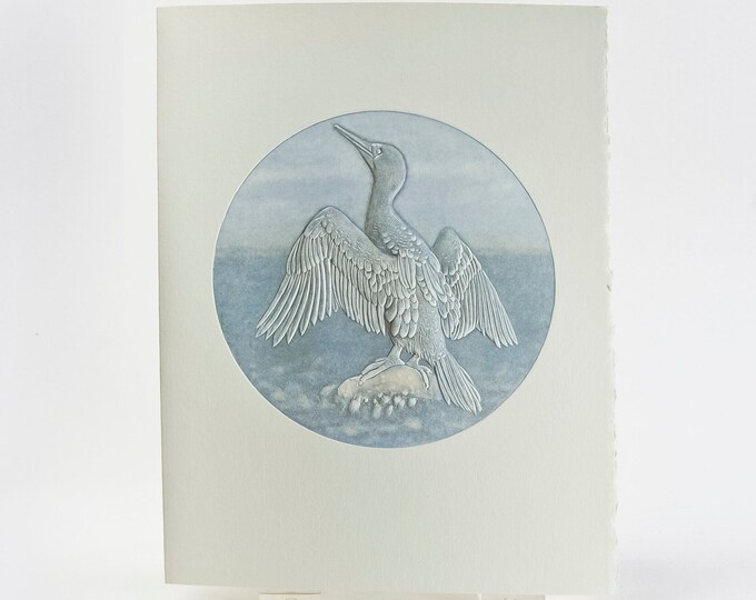 Cormorant Bird Card. Letterpress Bird Notecard. Embossed. Single card. Blank inside.