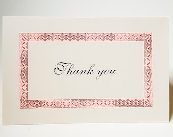 8 Letterpress Thank You Notes. Modern Thank You cards Red Greek Pattern card. Pack of 8 cards. Blank inside.