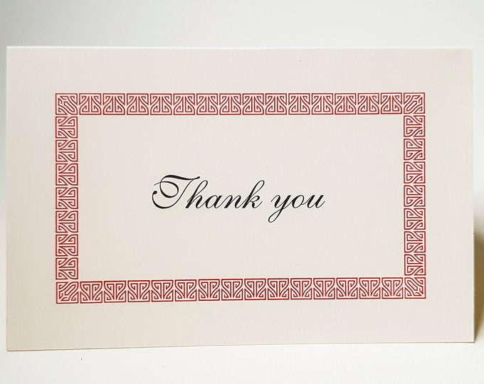 8 Letterpress Thank You Notes. Modern Thank You cards Red Greek Pattern card. Pack of 8 cards. Blank inside.