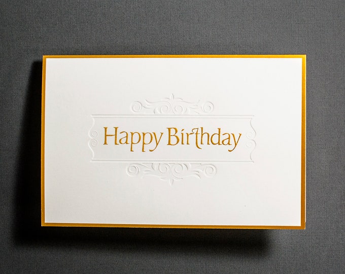 Embossed Gold Happy Birthday Card – Foil Stamped Border - Letterpress Craftsmanship (Single or Set)