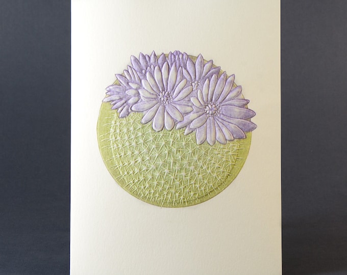 Purple Cactus Card. Desert flower card. Prickly Pear Cactus. Embossed 6 card set or Single card. Blank inside.