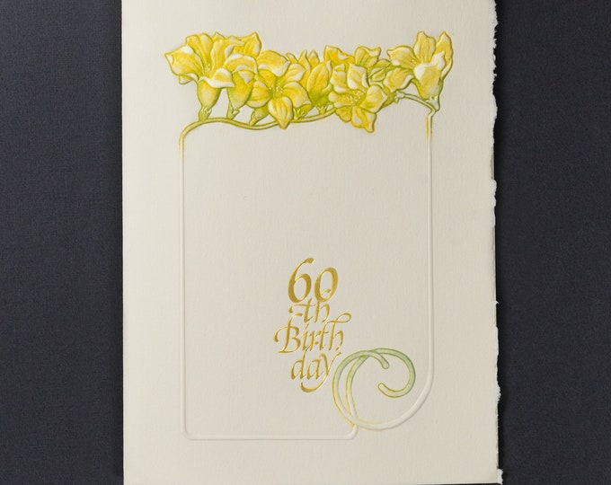 60th Birthday Card. Embossed Happy 60th Birthday card. Gold foil bday card. Freesia birthday card. Single card. Blank inside.