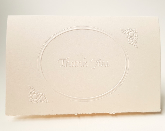 8 Embossed Thank You Card Set White Thank You note Pack of 8 cards. Ornate Oval border card. Blank inside.