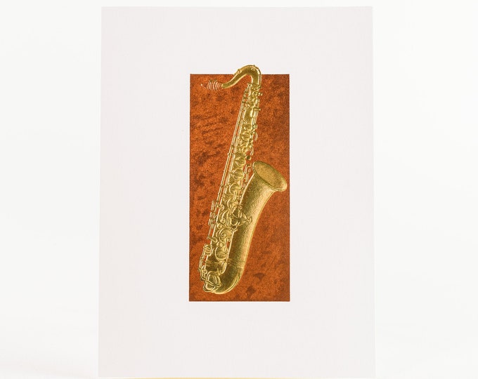 Saxophone Card.Gold foil card.Music embossed card.Pack of 6 cards or Single card.Gold saxophone in copper foil frame.