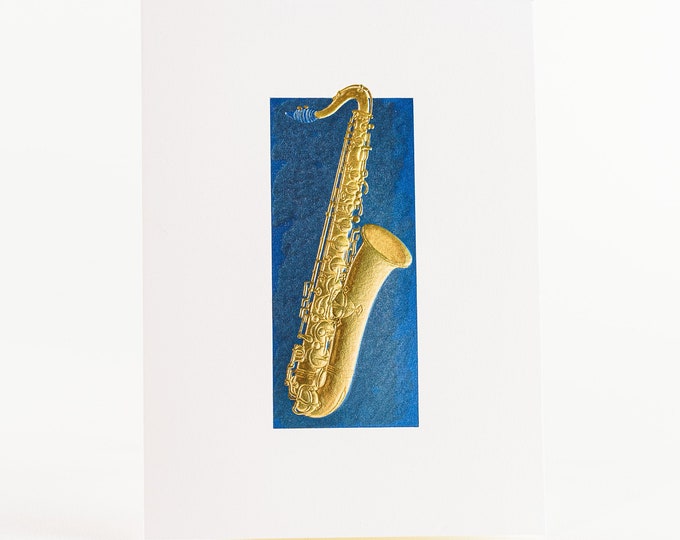 Saxophone Card.Gold foil card.Music embossed card.Pack of 6 cards or Single card. Gold saxophone in a blue frame card.