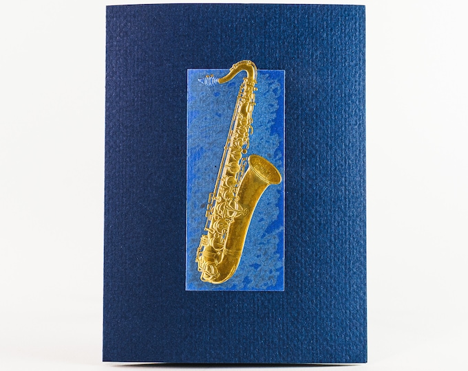 Saxophone Card.Gold foil card.Music embossed card.Pack of 6 cards or Single card. Gold saxophone, blue cardstock..