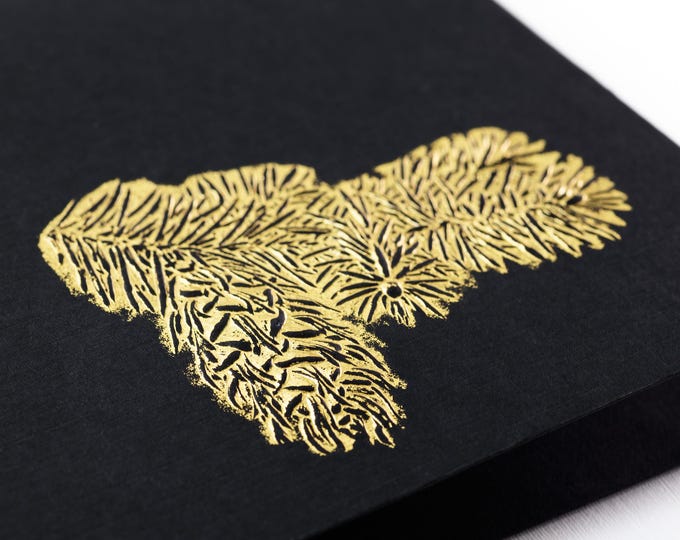 Gold Foil Pine Branch Card, Black Christmas Stationery, Embossed Winter Greeting, Holiday Note (Set of 6)