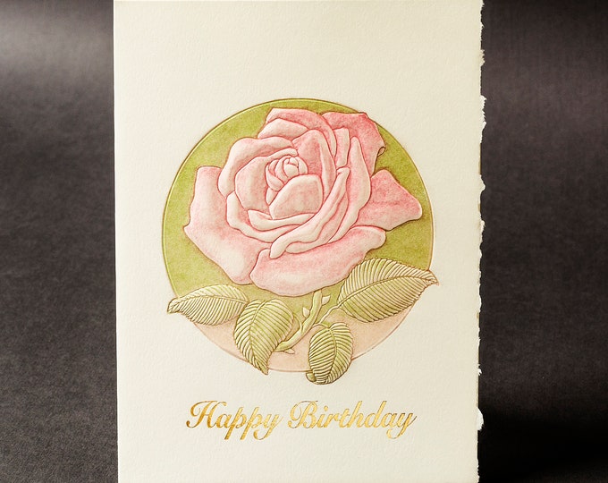 Rose Birhday Card. Letterpress Birthday card. Gold birthday card. Single card.Blank inside.