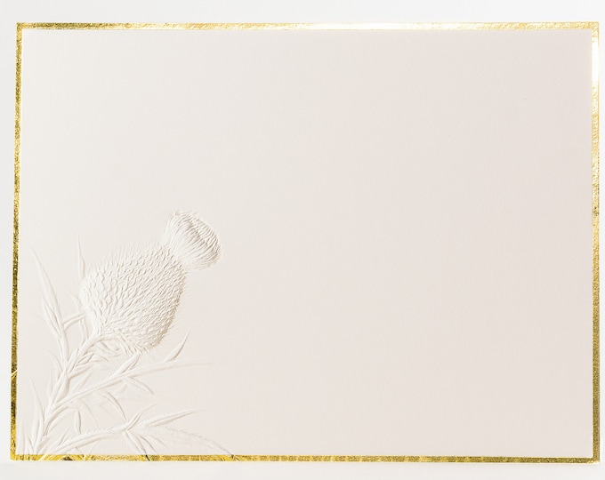 10 Thistle Embossed Cards with Gold Foil Border. Stationery set. Floral cards.Botanical cards. Flat cards.