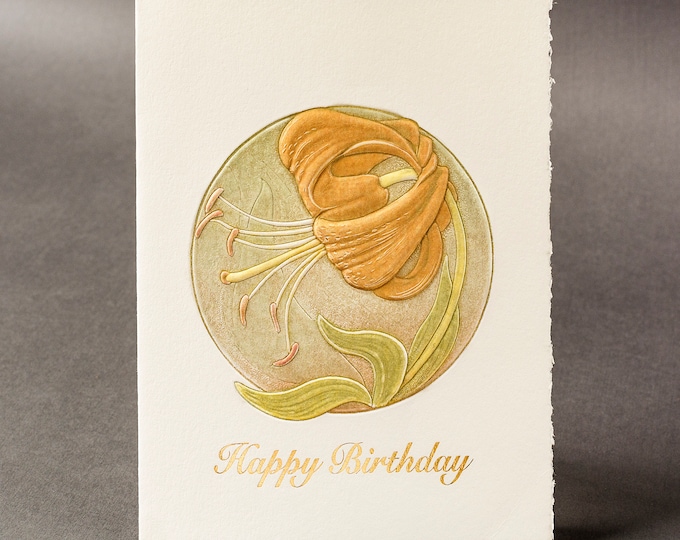 Letterpress Birthday card.Lily flower card. Golden birthday card.Set of 6 cards or Single card.Blank inside.