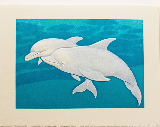 Embossed Dolphins Card, Marine Life Stationery, Valentine Anniversary Greeting (Single or Set of 6)