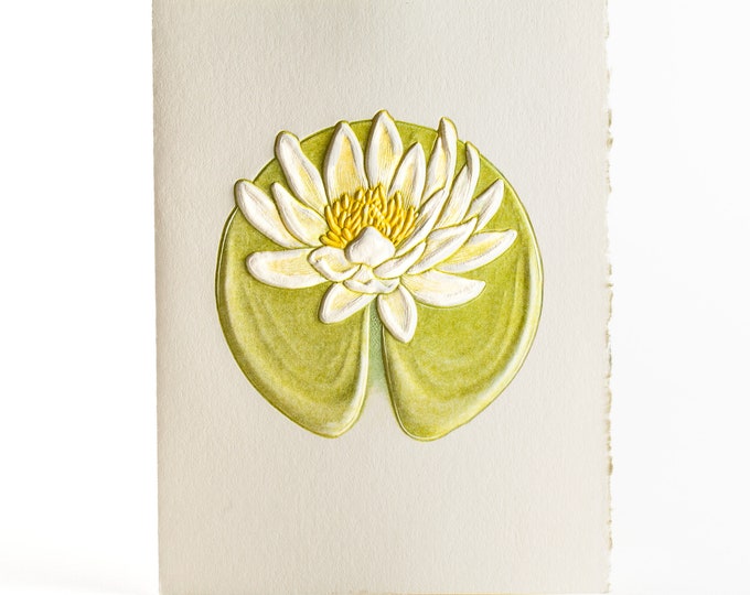 Water Lily Card.Embossed flower. Letterpress floral card. Pack of 6 cards or Single card. Blank inside.