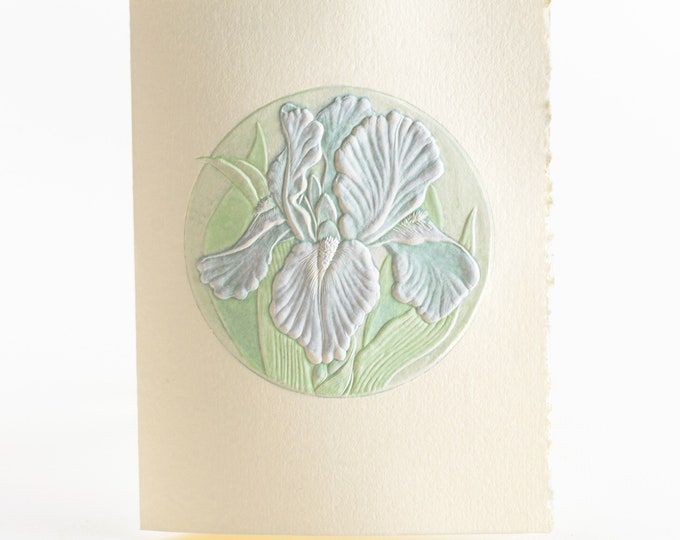 Blue Iris Card. Embossed floral card. Botanical card.  25th Anniversary card. 6 card pack or Single card. Blank inside.