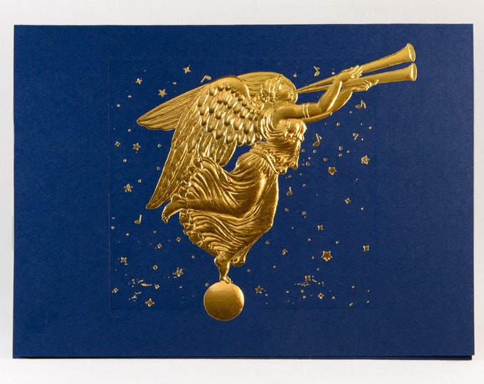 Christmas Angel Card in Blue and Gold. Letterpress Christmas card. Embossed Holiday card. Set of 5 cards or Single card. Blank inside.