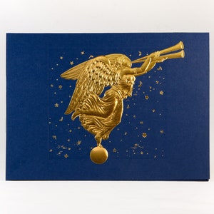 Carte d'ange de Noël en bleu et or. Carte de Noël typographique. Carte de vœux en relief. Jeu de 5 cartes ou carte unique. Blanc à l'intérieur.