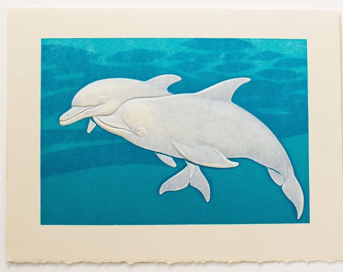 Dolphins Embossed Card. Valentine Card. Anniversary card. Marine Life card. Nature card. Set of 6 cards or Single card. Blank Inside.