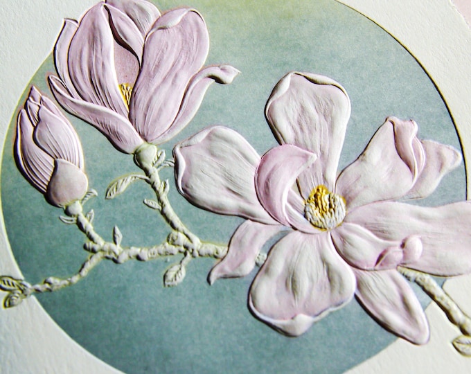 Letterpress Magnolia Flower Card, Embossed Art Notecard, Single or Set of 6, Blank