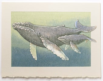 Humpback Whales Card. Mom and Kid card. Art card. Pack of 6 cards or Single card. Blank inside.