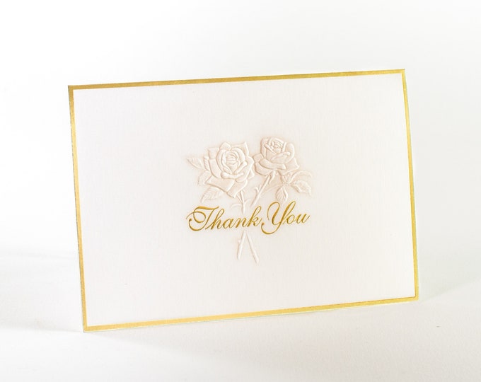 8  Rose Embossed Thank You Cards. Gold foil border. Thank You notes Pack of 8 cards. Blank inside. Limited Edition.