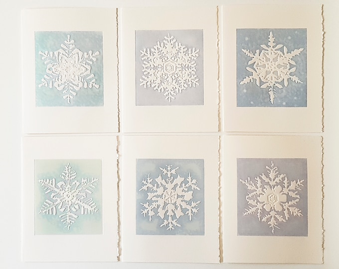 6 Snowflake Embossed Cards. Christmas card set.Assorted card set. Blank or Season's Greetings inside.