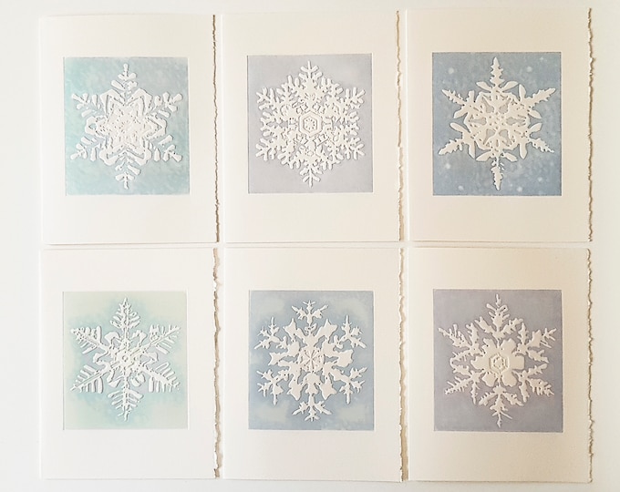 6 Snowflake Embossed Cards. Christmas card set.Assorted card set. Blank or Season's Greetings inside.