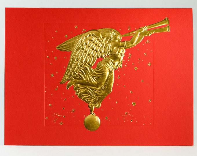 Christmas Angel Card in Red and Gold. Letterpress Christmas card. Embossed Holiday card. Set of 6 cards or Single card. Blank inside.