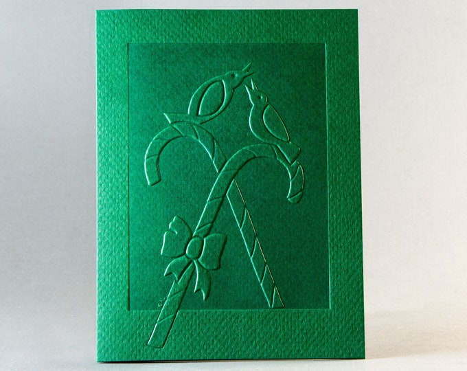 Green Candy Cane Christmas Card. Embossed Holiday card. Christmas Birds card. Letterpress 6 card set or Single card. Blank inside.