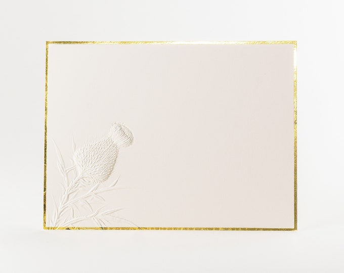 10 Thistle Embossed Cards with Gold Foil Border. Stationery set. Floral cards.Botanical cards. Flat cards.