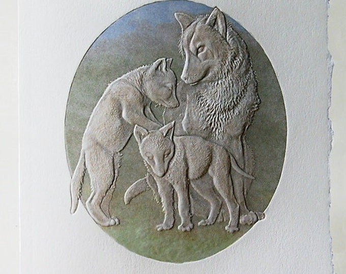Embossed Wolves Family Card: Mom and Cubs, Letterpress Animal Stationery, Blank (Single or Set)