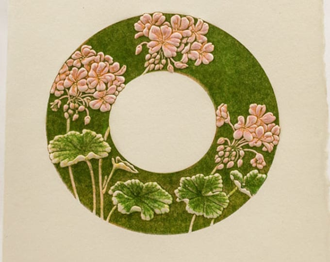 Embossed Geranium Letterpress Card – Pink Floral Wreath Stationery (Single or Set of 6)