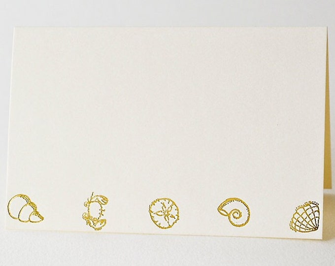 Set of 8 Beach Themed Cards. Gold Note Card. Letterpress. Nautical. Hand stamped. Blank inside.