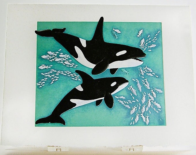 Playing Orca Whales Card. Valentine card.Whale art card Set of 6 cards or Single Card. Blank inside.