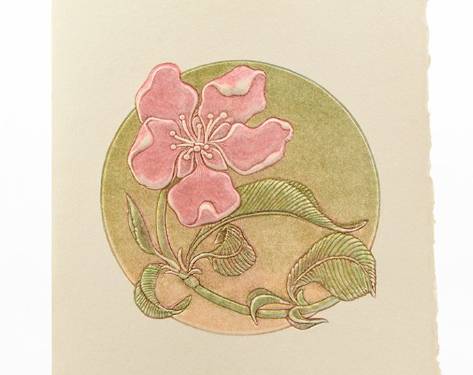 Peach Flower Letterpress Card. Embossed Flower.Pack of 6 cards or Single card Blank inside.