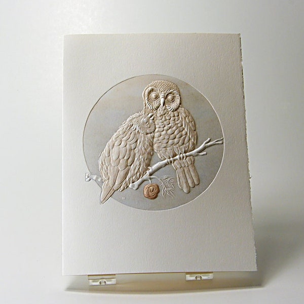 Pygmy Owls Love Card. Owl Notecard. Letterpress. Embossed. Single card. Blank inside.
