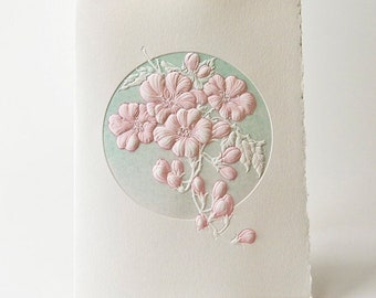 Plum Blossom Card. Embossed flower.Letterpress.Art Greeting Card. Single card or Set of 6 cards.Blank inside.