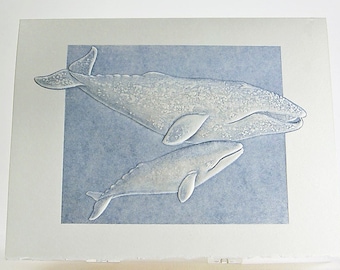 Gray Whales Card. Mom and Baby card.Letterpress Whale card.Set of 6 cards or Single Card. Blank Inside.