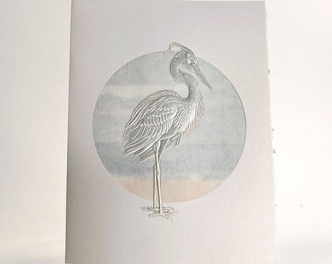 Blue Heron Card. Embossed bird card. Wildlife note card. Letterpress nature card. 6 card set or  Single card. Blank inside.