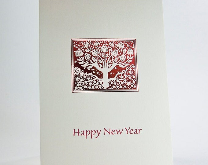 Red Tree Happy New Year Card. Holiday card. Letterpress. Foil. Notecard. Single card. Blank inside.